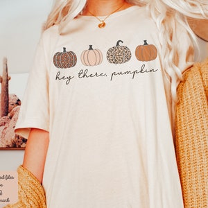 May include: A white t-shirt with a graphic of four pumpkins. The pumpkins are in a row and have different patterns. The text "hey there, pumpkin" is below the pumpkins.