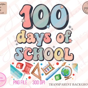 K&ouml;nnte beinhalten: Ein farbenfrohes Grafikdesign mit dem Text "100 Tage Schule" im Retro-Stil. Die Zahlen sind in Pastellrosa, Blau und Gr&uuml;n gehalten. Der Text "Tage Schule" ist in Pastellrosa, Gelb und Gr&uuml;n gehalten. Es gibt kleine Sterne und Glitzerakzente. Der untere Teil des Designs zeigt eine Reihe von Schulutensilien, darunter ein Bleistift, ein Pinsel, ein Lineal, ein Globus und Reagenzgl&auml;ser.