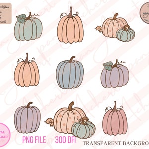 May include: Set of nine digital illustrations of pumpkins in various colors and patterns, including peach, blue, purple, and brown. The pumpkins are drawn in a simple, hand-drawn style with a watercolor effect. The background is transparent.