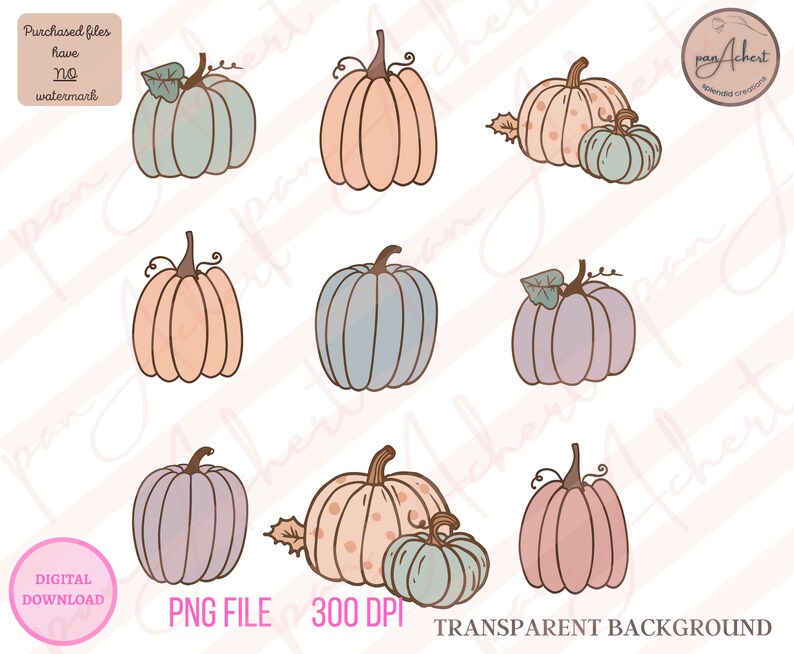 May include: Set of nine digital illustrations of pumpkins in various colors and patterns, including peach, blue, purple, and brown. The pumpkins are drawn in a simple, hand-drawn style with a watercolor effect. The background is transparent.