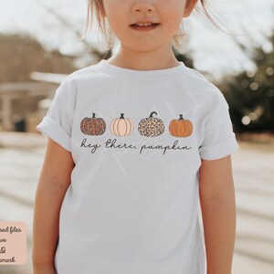 May include: White t-shirt with a graphic of four pumpkins in a row. The pumpkins are orange, pink, and brown with a leopard print. The text "hey there, pumpkin" is below the pumpkins.