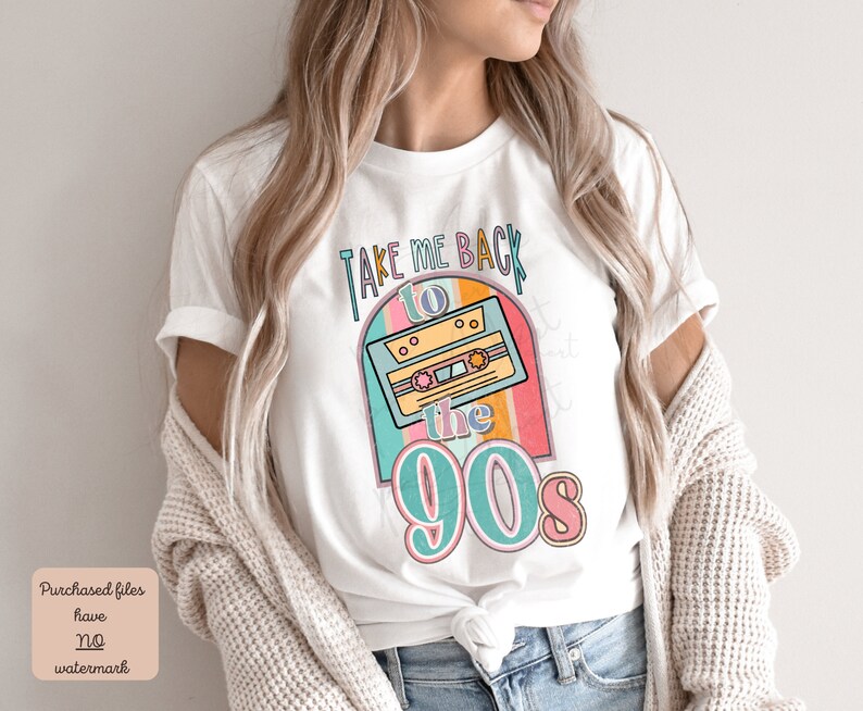 May include: White t-shirt with a retro design featuring a cassette tape and the text "Take Me Back to the 90s".