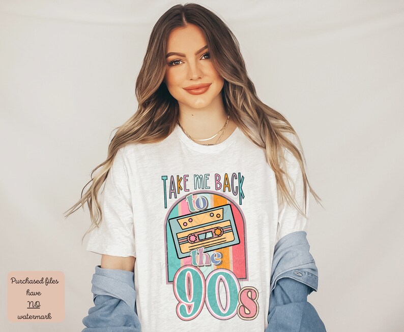 May include: White t-shirt with a retro design featuring a cassette tape and the text "Take Me Back to the 90s".