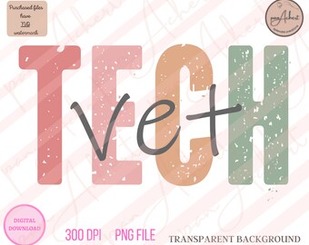 May include: A digital download of a graphic design featuring the word "TECH" in a distressed, vintage style. The letters are in shades of pink, orange, and green, with a white background.