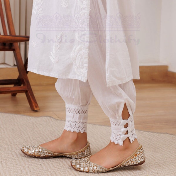 Lucknow Chikankari Ankle Length Afghani Pants, Salwar for Women with Side Pockets, White Silk thread Pant