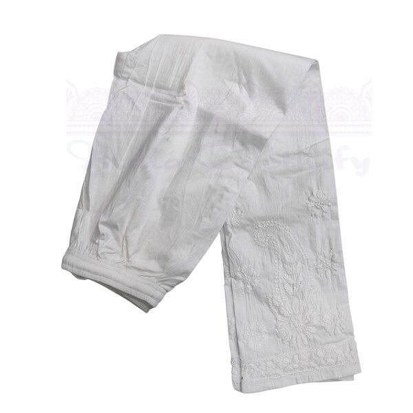 Lucknowi White Chikankari Cotton Pant for Women's/Girls Organic Cotton Women Pant/Pyjama, Ankle Length / Hand Embroidered