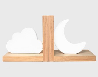 Moon & Cloud Bookends for Kids, Moon Nursery Decor, Baby Shower Book Ends, Star Moon Bookend Gift