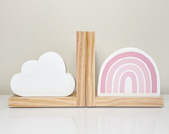 Baby Pink Rainbow & Cloud Bookends for Kids Nursery Decor, Girl Baby Shower Book end Gift, Pastel Room Decor