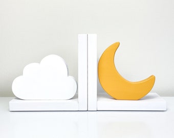 Moon & Cloud Bookends for Kids, Moon Nursery Decor, Baby Shower Book Ends, Star Moon Bookend Gift