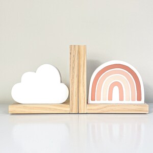 Rainbow & Cloud Natural Wood Children's Bookends Baby Nursery Bedroom Decor Gift - UK