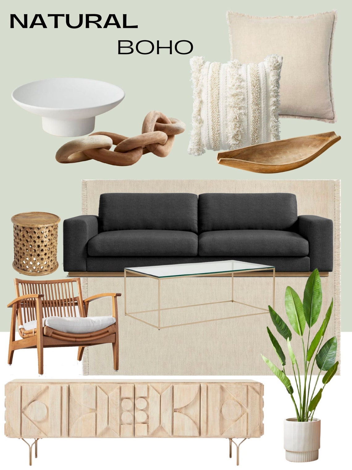 Curated Natural Boho Living Room Mood Board Interior Design (Download ...