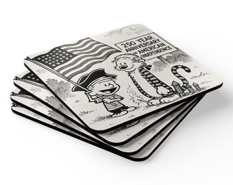 USA 250th Anniversary Calvin and Hobbes Coasters Independence Corkwood Coaster Set
