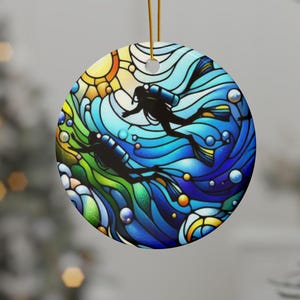Ceramic Ornament, Scuba Diving Stain Glass Effect Design, (1pc, 3pcs, 5pcs, 10pcs), Holiday Decor, Diving Gift, Christmas Ornament,