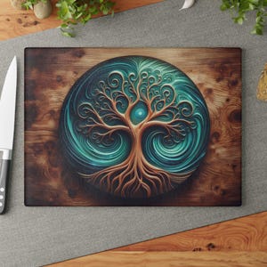 Tree of Life Glass Cutting Board, Wedding Gift, Kitchen Decor, Charcuterie Board, Wooden Look Glass Art Gift, Glass Cheese Board