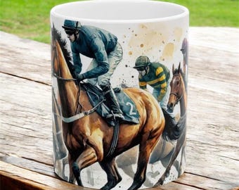 Horse Racing Ceramic Mug, Watercolour Design, Equestrian Coffee Cup, Gift for Horse Lover, Tea Mug, Unique Horse Racing Mug, Horse Racing