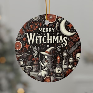 Ceramic Ornaments, Witch Christmas Decor, Pagan Yule Ornament, Holiday Witch Gift, Merry Witchmas, 2-Sided Print, Holiday Decoration,
