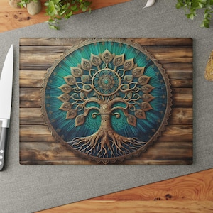 Tree of Life Glass Cutting Board, Wedding Gift, Kitchen Decor, Charcuterie Board, Wooden Look Glass Art Gift, Glass Cheese Board