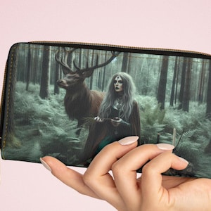 Monedero con cremallera, diseño pagano de bruja y ciervo de Yule, monedero, tarjetero, regalo wiccan, accesorios ocultistas, bolsa mística