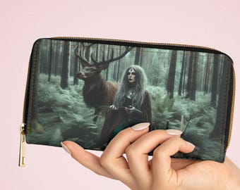 Zipper Wallet, Pagan Yule Witch & Stag Design, Coin Purse, Card Holder, Wiccan Gift, Occult Accessories, Mystic Pouch