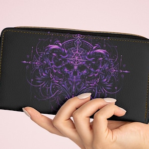 Cartera gótica, bolsa con cremallera con forma de calavera, cartera morada, monedero con forma de calavera, cartera espeluznante, accesorios góticos, cartera de Halloween, regalo para amantes de las calaveras