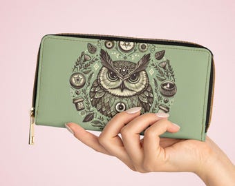 Zipper Wallet, Pagan Owl, Sage Green Design - Enchanted Forest Theme, Wiccan Accessory, Witchy Coin Purse, Nature Lover Gift, Boho Card