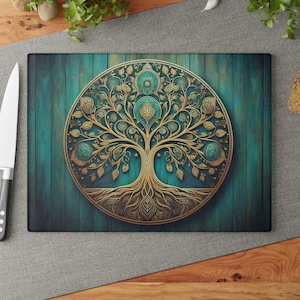 Tree of Life Glass Cutting Board, Wedding Gift, Kitchen Decor, Charcuterie Board, Wooden Look Glass Art Gift, Glass Cheese Board