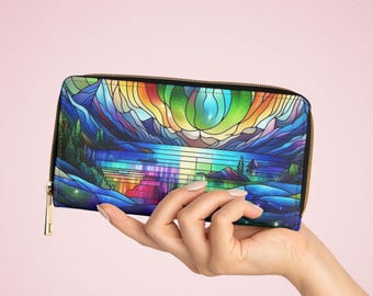 Zipper Wallet, Northern Lights Stain Glass Effect Design, Aurora Borealis Clutch, Colorful Wallet, Glass Art Purse, Night Sky Phone Case,