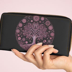 Cartera con cremallera, diseño del árbol de la vida rosa, cartera floral, cartera de mujer, cartera bohemia, regalo para ella, cartera del árbol de la vida, cartera rosa