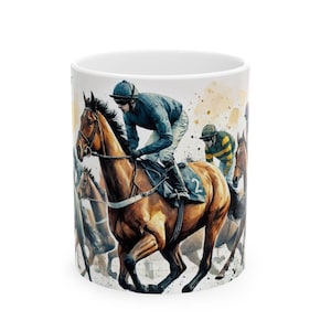 Horse Racing Ceramic Mug, Watercolour Design, Equestrian Coffee Cup, Gift for Horse Lover, Tea Mug, Unique Horse Racing Mug, Horse Racing