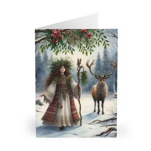Tarjetas de felicitación, bendiciones de Yule, bruja pagana de Yule con ciervo, tarjetas festivas, tarjetas de brujas, bendiciones paganas, tarjetas de solsticio de invierno, Yule