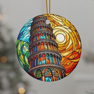 Ceramic Ornaments, Tower of Pisa Italy Travel Ornament, Faux Stained Glass Keepsake, European Vacation Decoration, Italy Souvenir Gift,