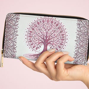 Cartera con cremallera, diseño del árbol de la vida rosa, cartera floral, cartera de mujer, cartera bohemia, regalo para ella, cartera del árbol de la vida, cartera rosa