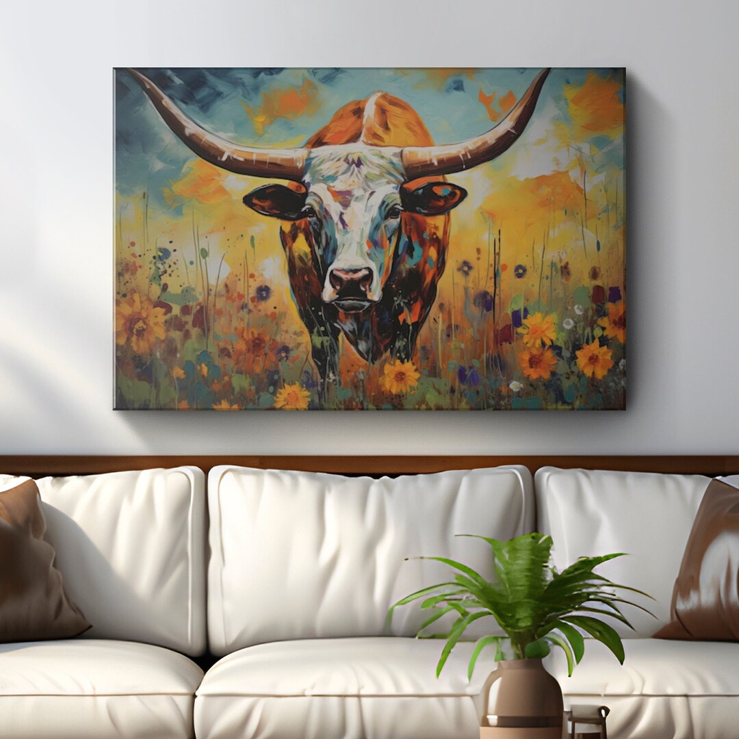 Colorful Longhorn Painting Canvas Wall Art Texas Longhorns Wall Decor Extra Large Landscape