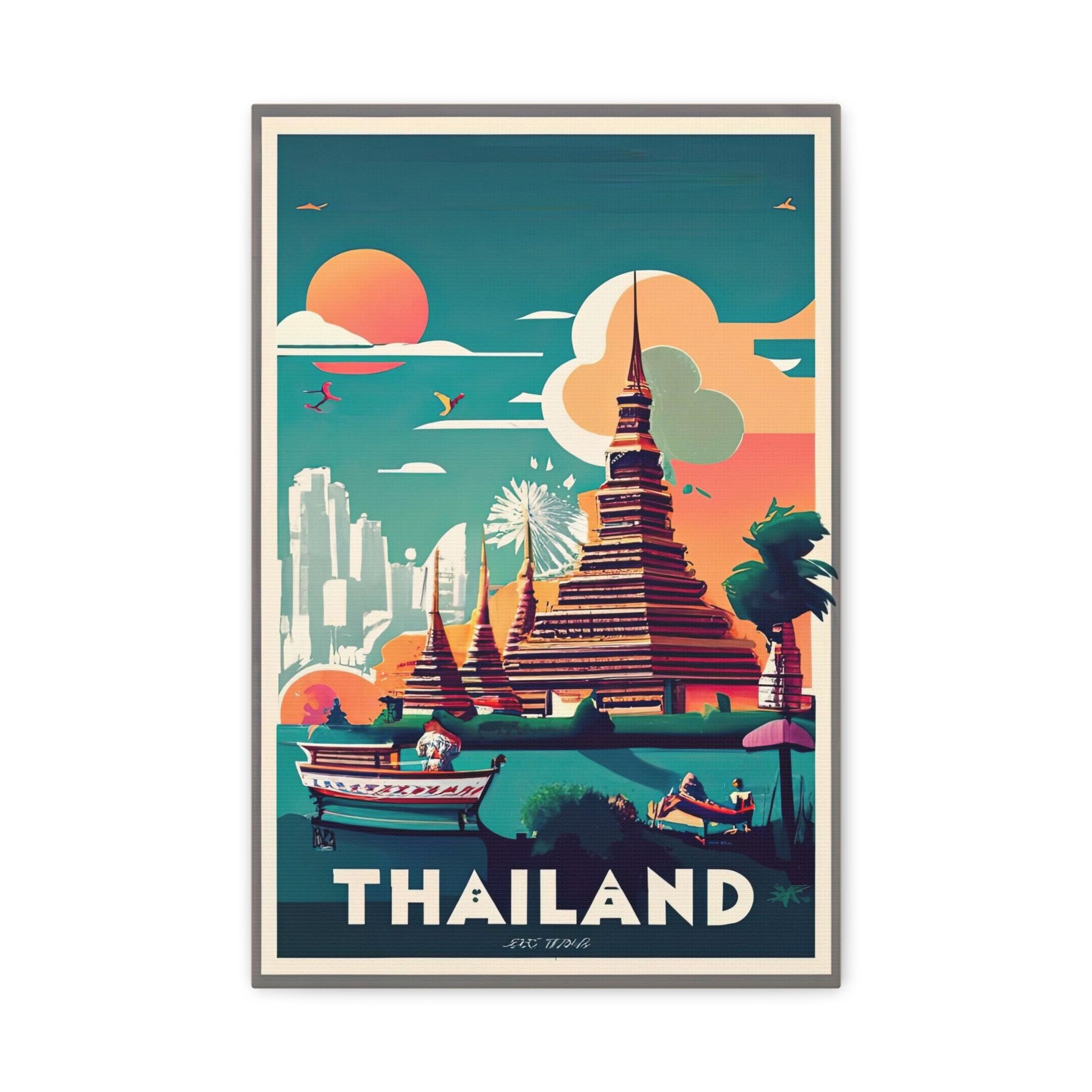 Affiche Bangkok temple doré et bateaux Thaïlande
