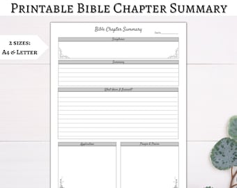 May include: Printable Bible chapter summary worksheet with sections for scriptures, summary, what have I learned, application, and prayer and praise. The worksheet is in black and white with a decorative floral design in the corners.