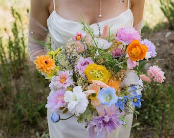 Wildflower wedding bouquet: pastel bridal bouquet, mixture of artificial and dried flowers