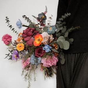 Jewel tone wedding bouquet / summer wildflower bridal bouquet / black wedding