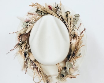 Bridal Hat/ White Floral/ Fedora Hat/ Dried Flower/ Bridal Crown/ Tiara / Boho Crown and Wreath