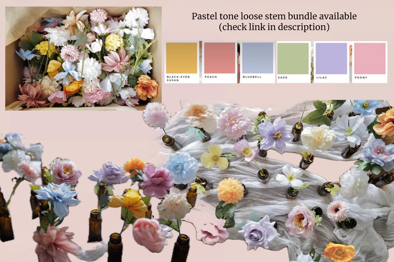May include: Assortment of pastel colored silk flowers in various styles, arranged on a white fabric surface. The flowers are in small glass bottles with gold tops. The image includes a color chart with the names "Black Eyed Susan", "Peach", "Bluebell", "Sage", "Lilac", and "Peony".