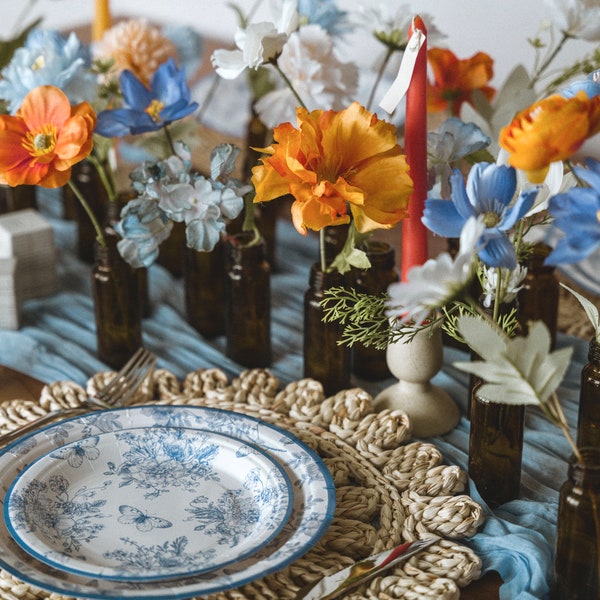 Mixed Orange and Blue silk flowers for bud vase centerpiece / summer wedding / wedding table decor