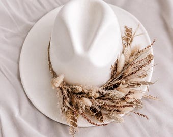 White Fedora Bridal Hat with Dried Flower Crown