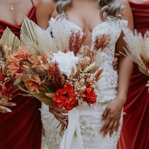 Boho Palm Leaf Wedding Bouquet / Silk and Dried Flowers in Burnt Orange and Ivory for Outdoor Wedding