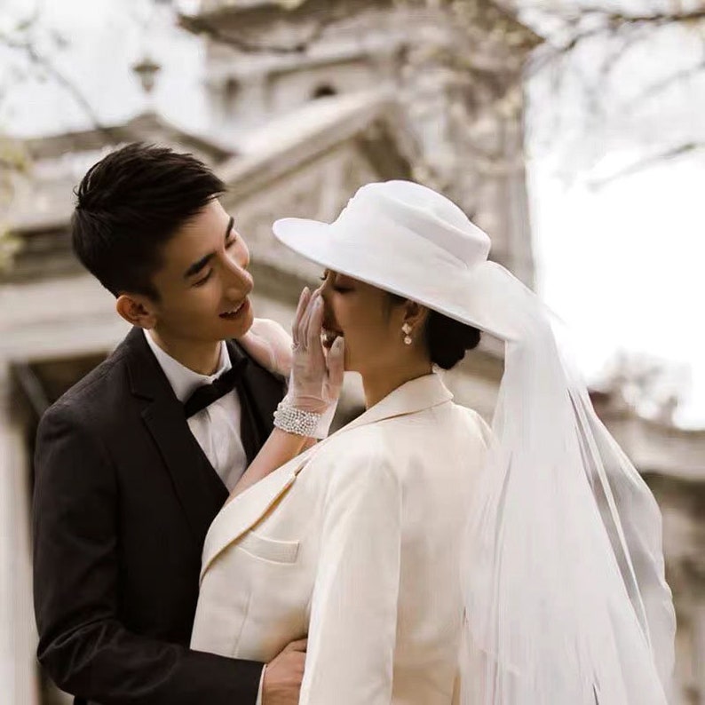 Sombrero blanco nupcial con velo para boda / Boho Tiara / Sombrero de boda / Velo nupcial imagen 1