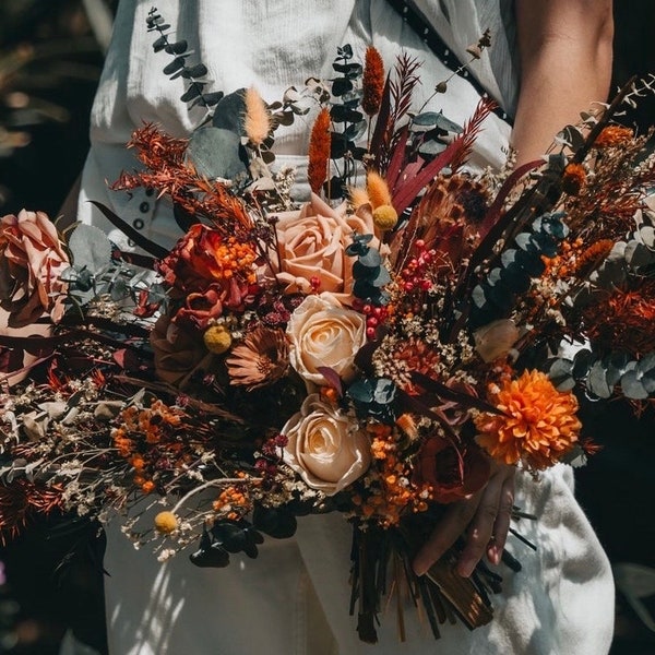 Ramo de boda de terracota óxido / Ramo de novia naranja quemado / Flor seca / Flor de seda / Boda en el bosque