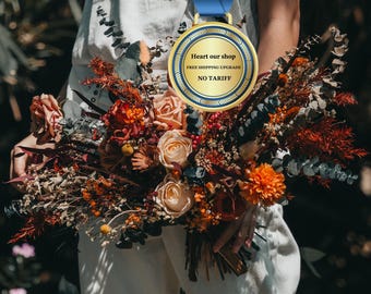 Terracotta Fall Halloween Wedding Bouquet: Burnt Orange, Dried & Silk Woodland Flowers