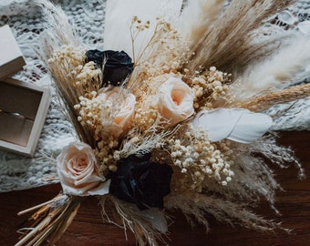 Black and White Wedding Bouquet / Boho Bouquet / Dried Flower / Preserved Roses