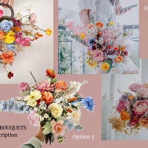 May include: Four different bouquets of dried flowers in various colors, including pink, yellow, blue, and orange. The bouquets are arranged in a collage format with the text "Matching Bouquets" and "Links in description" at the bottom.