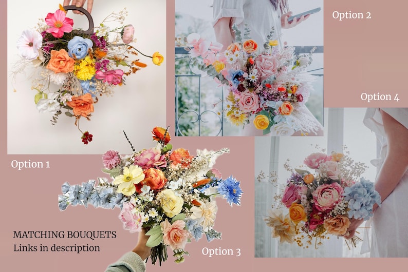 May include: Four different bouquets of dried flowers in various colors, including pink, yellow, blue, and orange. The bouquets are arranged in a collage format with the text "Matching Bouquets" and "Links in description" at the bottom.