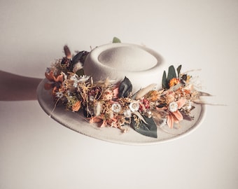 Yellow Dried Flower wedding hat / white ivory fedora hat / summer dried flower crown / bridal crown/ boho tiara