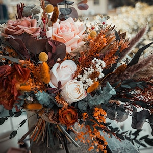 Fall pampas rust orange wedding bouquet / dark teal / cream / silk flower / preserved greenery